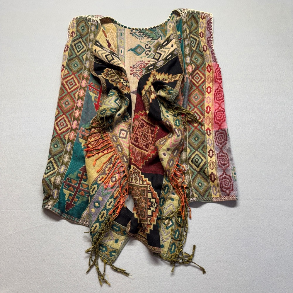 Southwestern Tapestry Vest Draped Open Front Fringe Geometric Tribal Multi Color